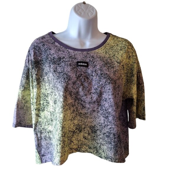 Adidas Women Cropped T Shirt L Oversized Pastel Splatter Yellow Purple Lagenlook - Picture 1 of 6
